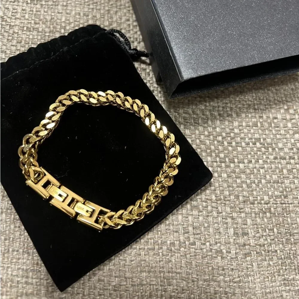 14K Gold Franco Chain Bracelet 6MM Stainless Steel Fold Over Clasp Heavy Link
